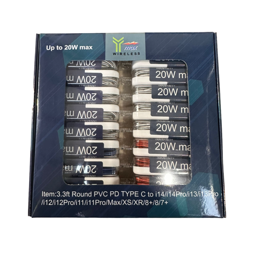 YMAX WIRELESS 20WATT 3.3FT ROUND PVC PD TYPE C TO I13,I14,I14 CABLE - PACK OF 20