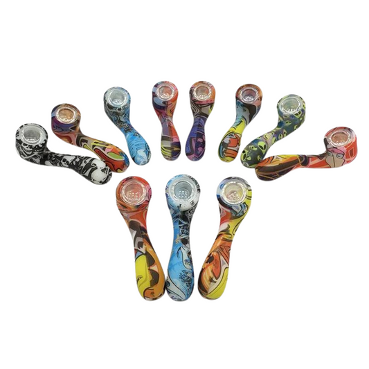 4.5 INCHES CHARACTERS PRINTED SILICONE SHERLOCK HAND PIPE ASSORTED COLORS - PACK OF 5