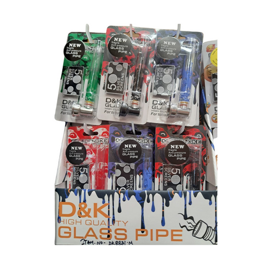 D & K DENGKE 3 INCHES HIGH QUALITY GLASS TUBE AND METAL HEAD PAINTED SKULL HAND PIPE - PACK OF 24