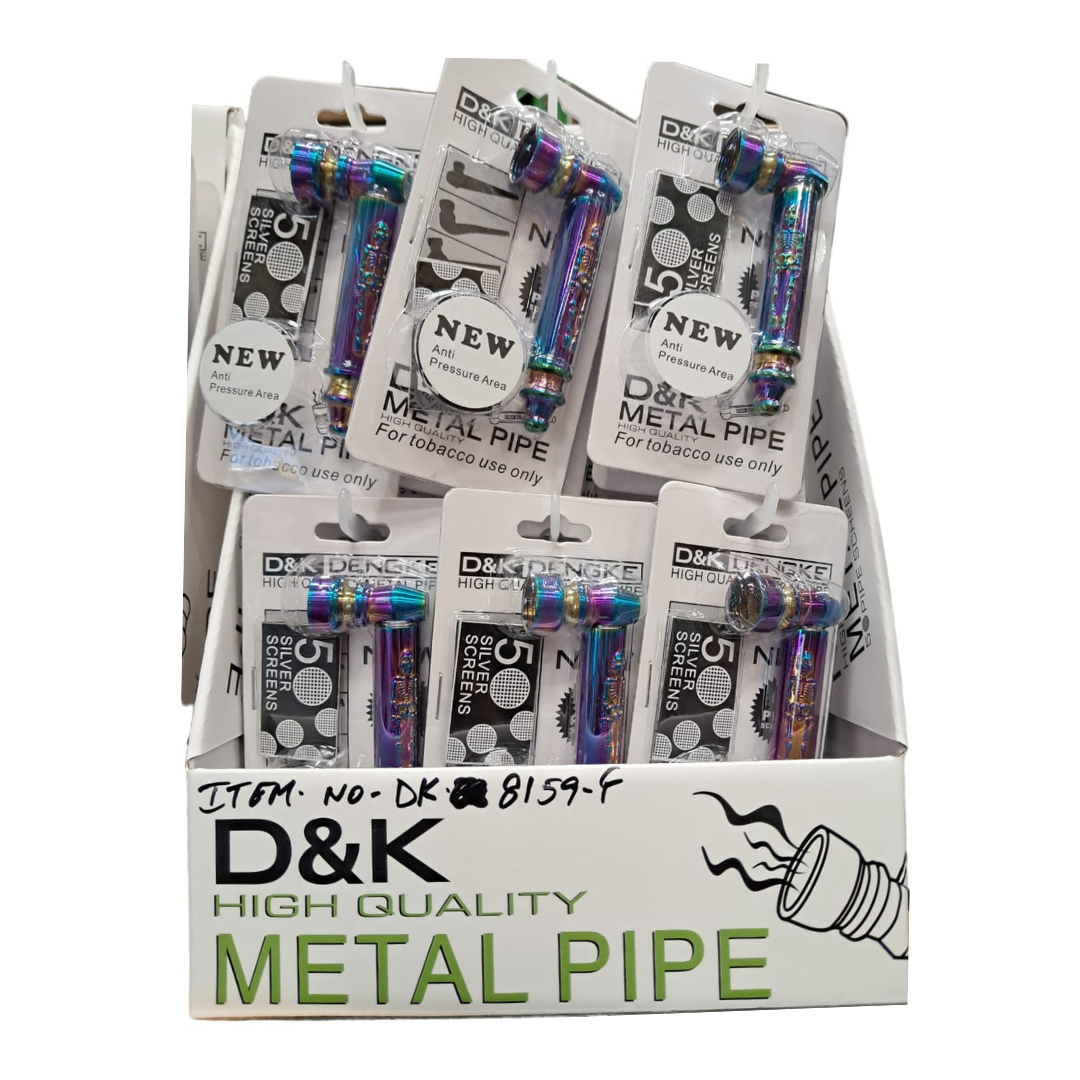 D & K DENGKE 3 INCHES HIGH QUALITY METAL HAND PIPE RAINBOW POLISHED FULL SKULL ETCHED IN BLISTER - PACK OF 24