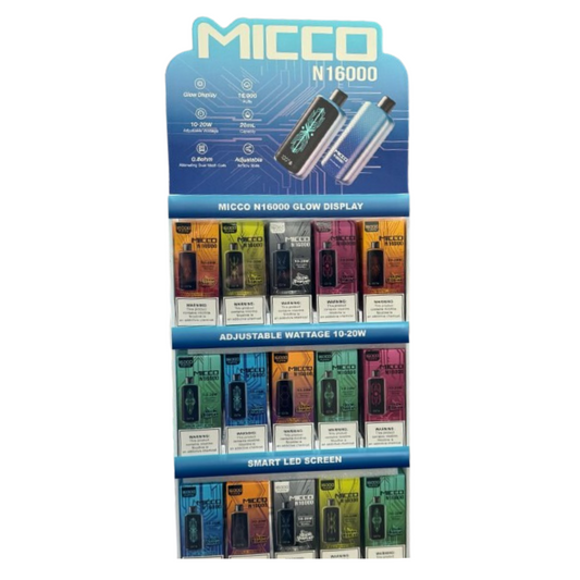 MICCO N16000 DISPOSABLE VAPE GLOW DISPLAY | 15 FLAVORS | 5 EACH - PACK OF 75