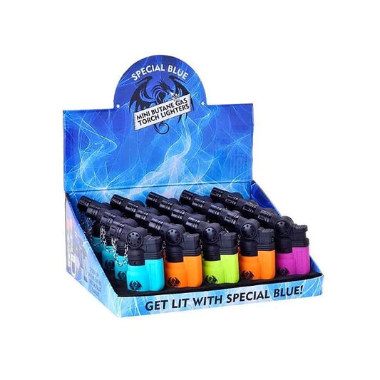 SPECIAL BLUE MINI RUBBER BUTANE TORCH SINGLE FLAME LIGHTER - PACK OF 20 (ASSORTED COLORS)