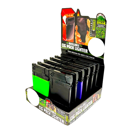 SMOKE ZILLA REFILLABLE CIG PACK LIGHTER ASSORTED - PACK OF 12