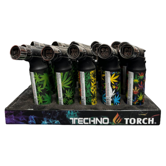 TECHNO TORCH BLACK COLOR MULTICOLORED LEAF DESIGN QUAD FLAME LIGHTER - PACK OF 15