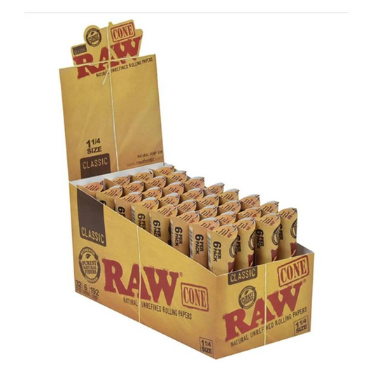 RAW CLASSIC 1 1/4 SIZE NATURAL UNREFINED PAPER CONES PACK OF 6 - DISPLAY OF 32