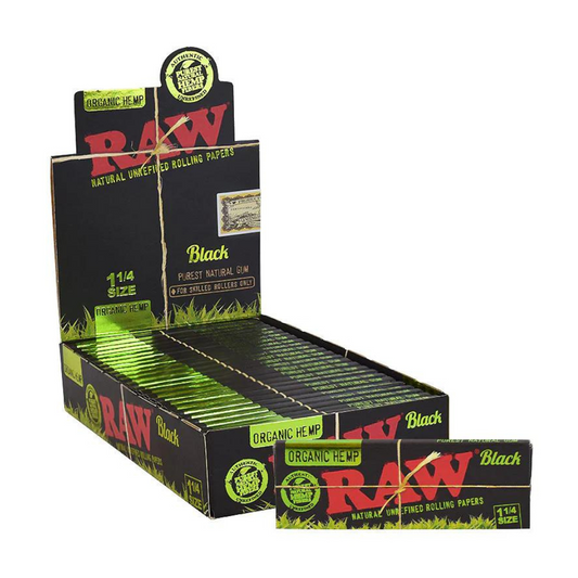 RAW BLACK ORGANIC HEMP 1 1/4 SIZE NATURAL UNREFINED ROLLING PAPERS PACK OF 50 - DISPLAY OF 24