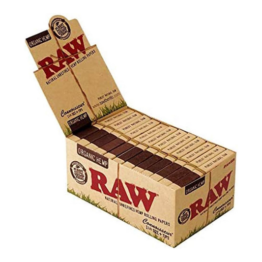 RAW ORGANIC HEMP CONNOISSEUR 1 1/4 SIZE + TIPS NATURAL UNREFINED HEMP ROLLING PAPERS - PACK OF 24