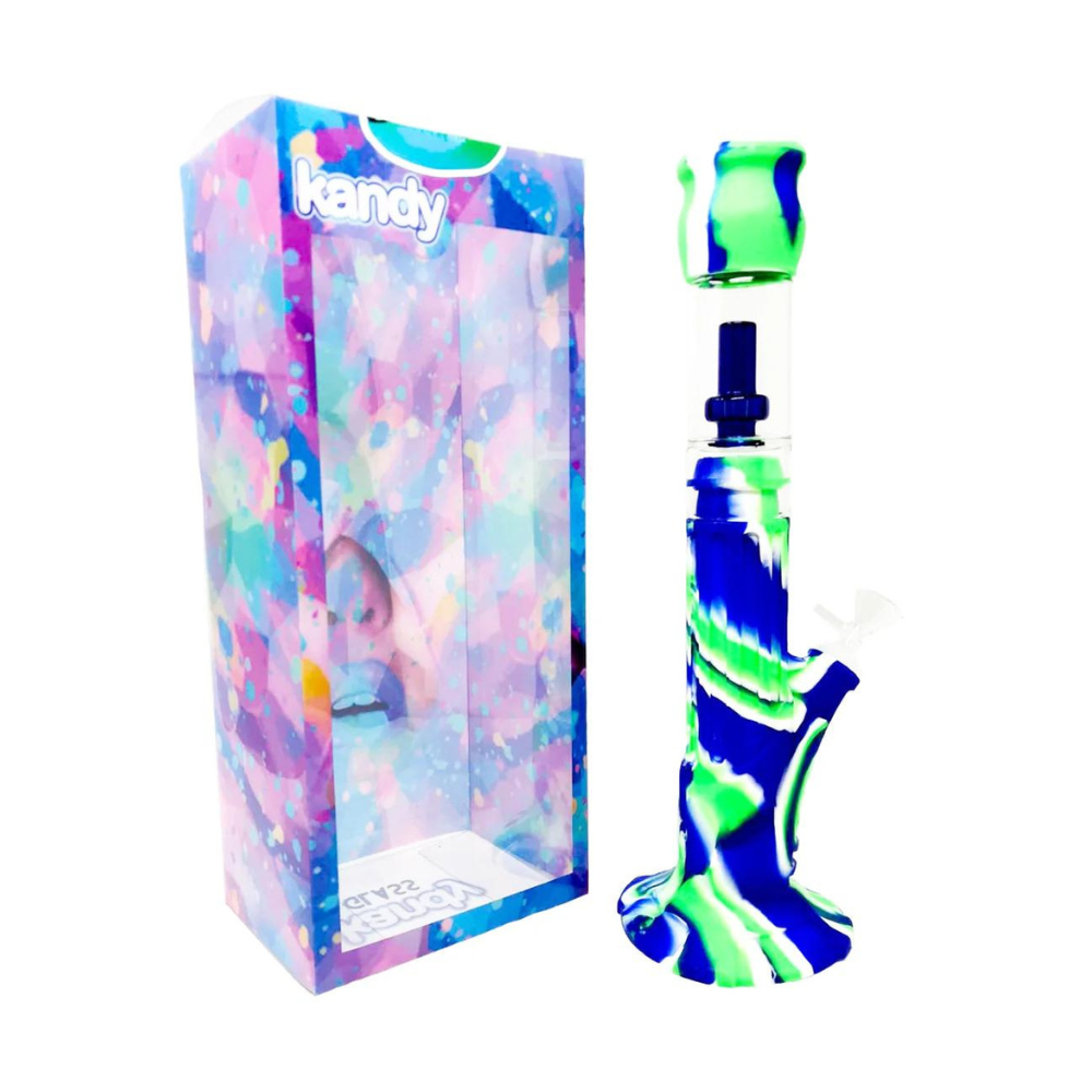 14 INCHES KANDY WATER PIPE SILICONE STRAIGHT TUBE W/LINES IN THE MIDDLE & GLASS SLITTED PERC W/PVC COVER - ASSORTED