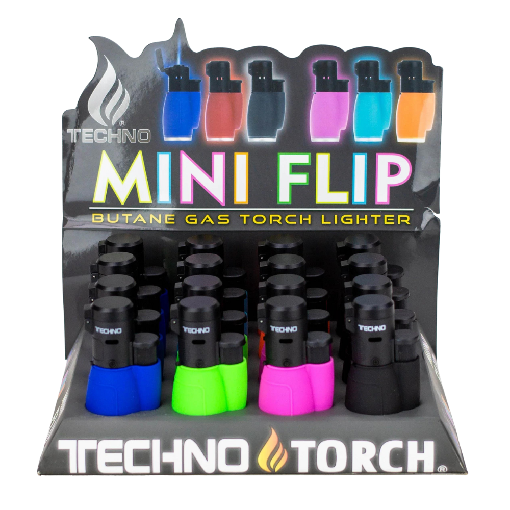 TECHNO MINI FLIP BUTANE GAS TORCH SINGLE FLAME LIGHTER - PACK OF 16