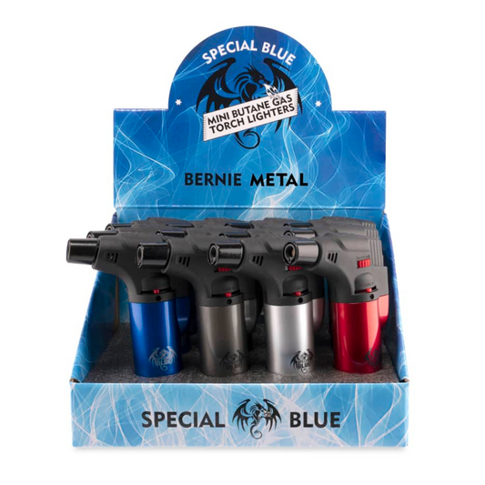 SPECIAL BLUE BERNIE METAL REFILLABLE MINI BUTANE GAS SINGLE FLAME LIGHTER - PACK  OF 12