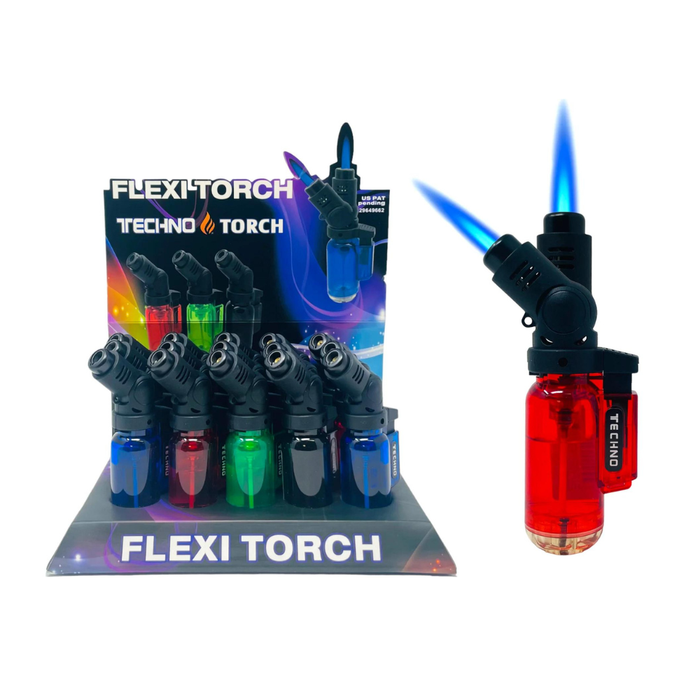 TECHNO TORCH TRANSPARENT FLEXI SINGLE FLAME LIGHTER - PACK OF 15