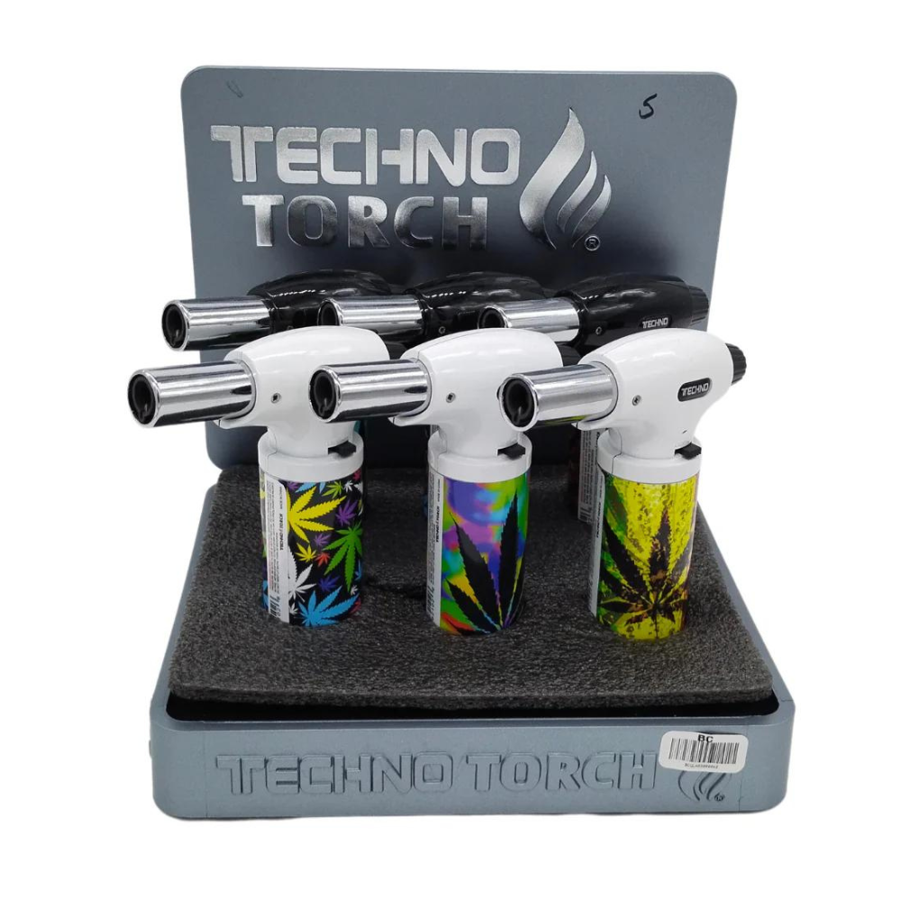 TECHNO TORCH MARIJUANA LEAF DESIGN SINGLE FLAME LIGHTER - PACK OF 6