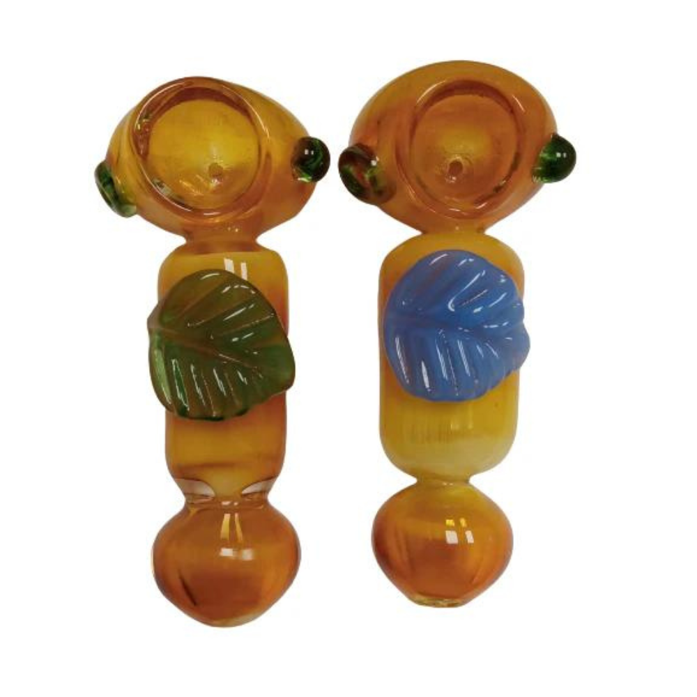 4.25 INCHES GLASS HAND PIPE (SPOON) WITH LEAF ASSORTED - PACK OF 3 (HP43)