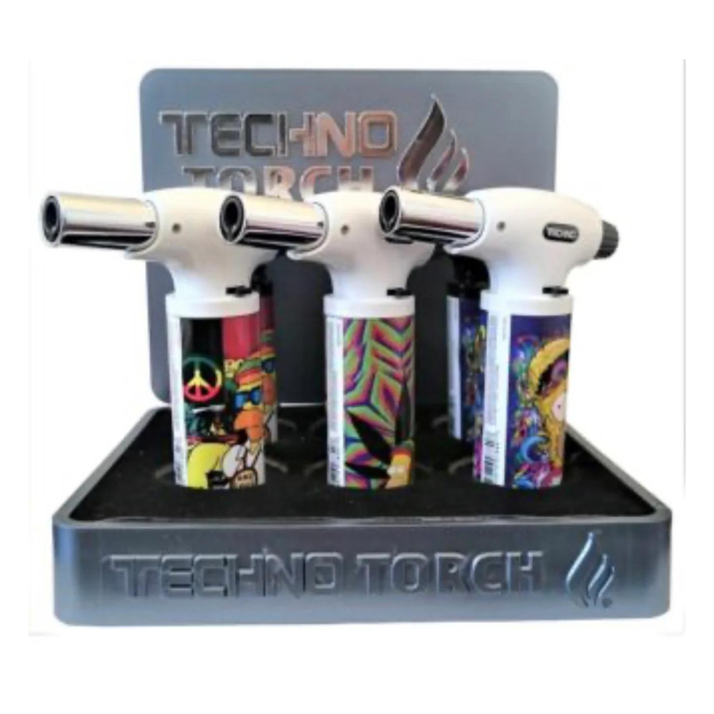 TECHNO TORCH MIXED DESIGN SINGLE FLAME LIGHTERS - PACK OF 6