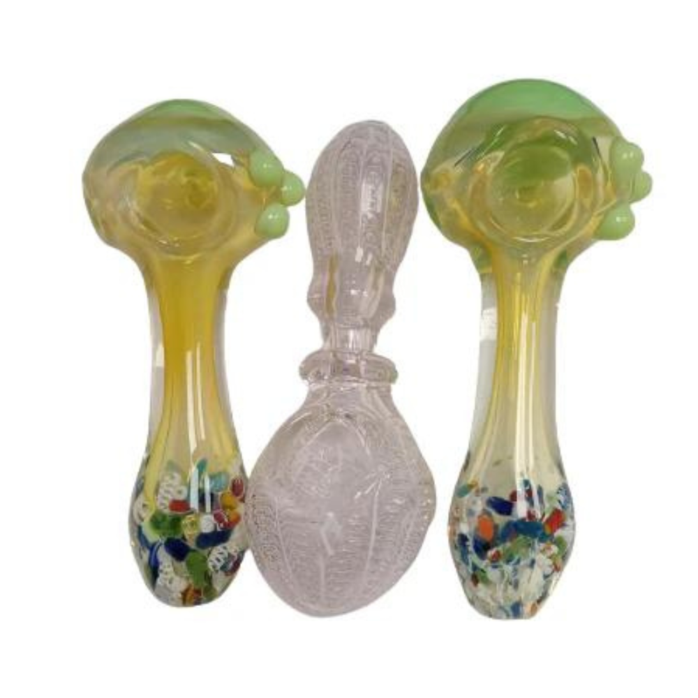 4.5 INCHES GLASS HAND PIPE (SPOON) IN ASSORTED COLORS AND DESIGNS - PACK OF 4 (HP7)