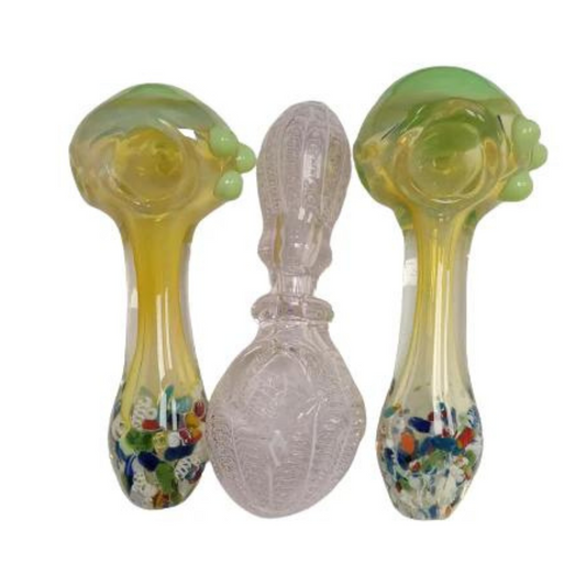 4.5 INCHES GLASS HAND PIPE (SPOON) IN ASSORTED COLORS AND DESIGNS - PACK OF 4 (HP7)