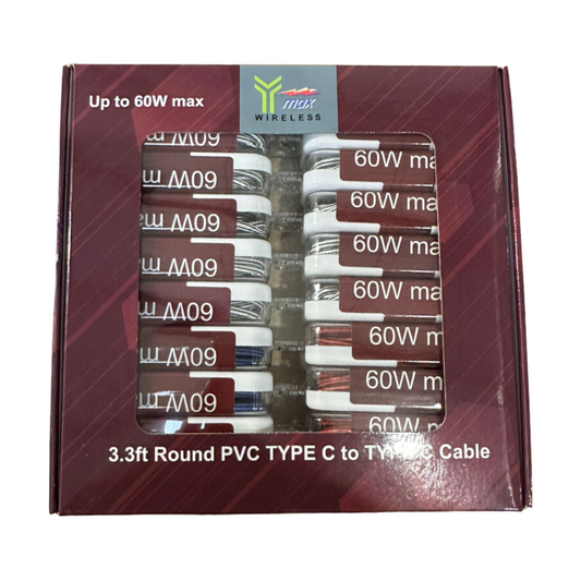 YMAX WIRELESS 3.3FT 60WATT ROUND PVC TYPE C TO TYPE C CABLE - PACK OF 20